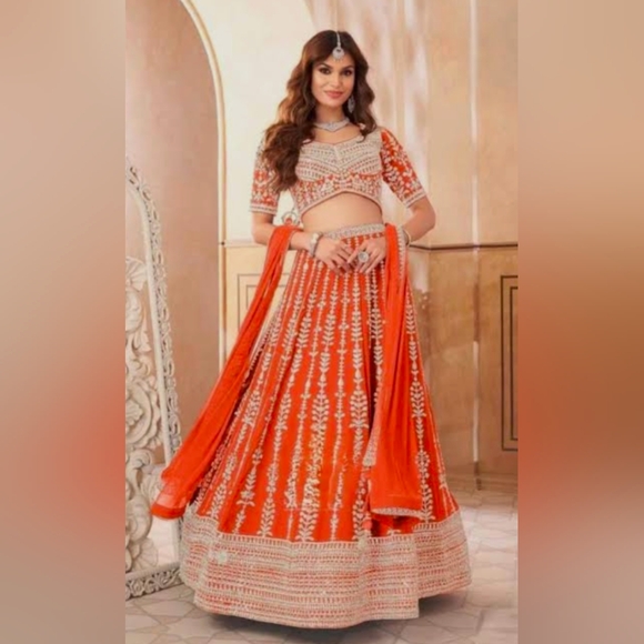 Other - Vibrant Orange With White Embroidered Sequin Lehenga Choli